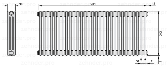 Схема (чертеж) Радиатор Zehnder Charleston 3100/29 №5510 Белый глянцевый RAL 9016